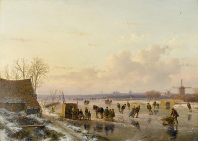 Winterlandschap met schaatsers, Haarlem in de verte door Andreas Schelfhout